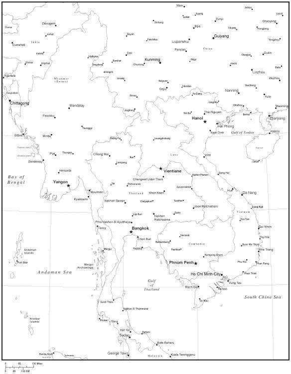 Black & White Indochina Map with Countries, Capitals and Major Cities - INDOCH-533911