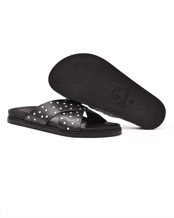 Brador Narau Cross Strap Sandal in Studded Washed Black