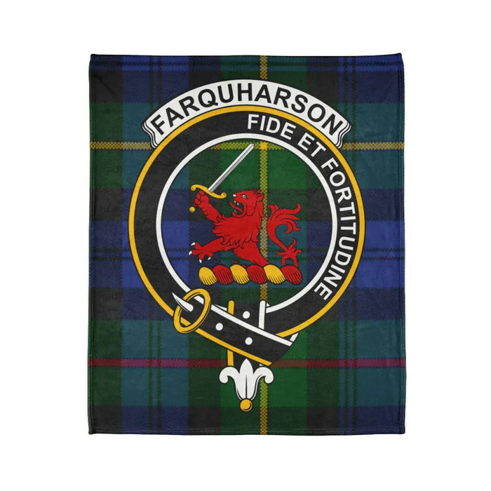 Farquharson tartan throw blanket close-up — clan crest and motto Fide et Fortitudine in full colour