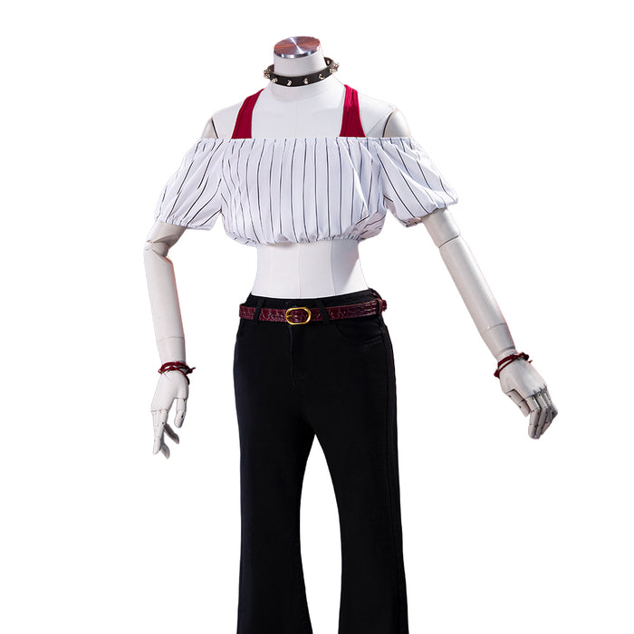 Dokidoki-N Anime Cosplay Costume White Off-Shoulder Crop Top Black Jeans