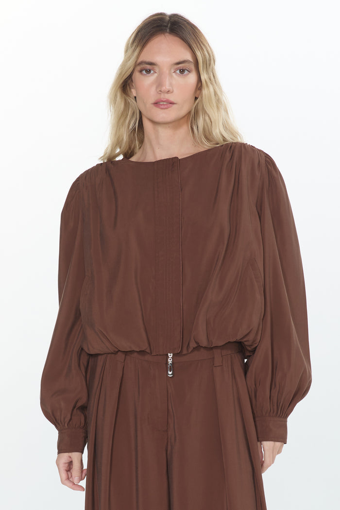 Donna Cupro Effect Bubble Hem Jacket Top-Brown