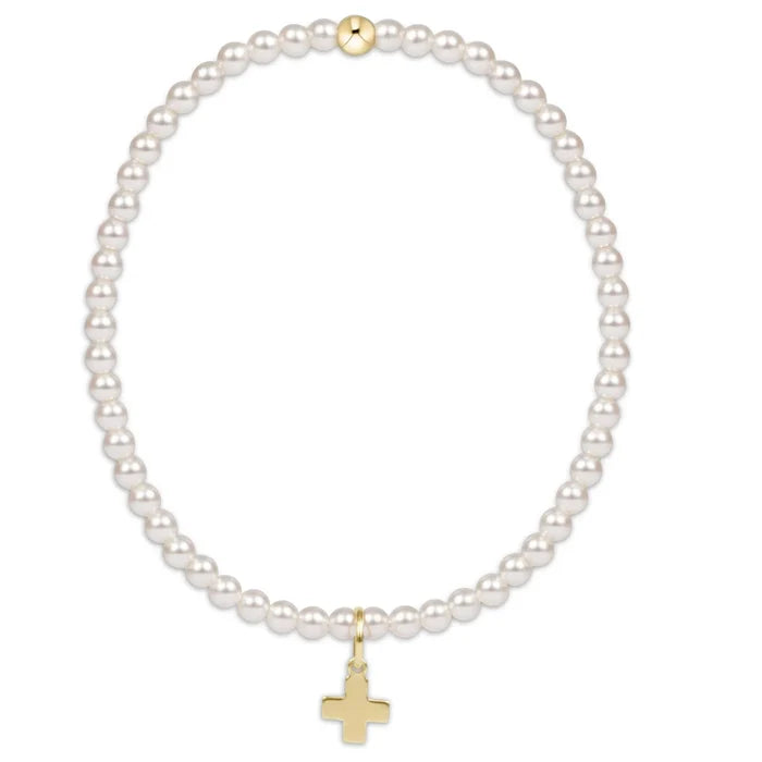 EN-Classic Pearl 3mm Bead Bracelet-Sig. Cross Gold Charm
