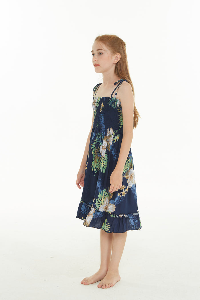 Girl Elastic Top Dress in Pineapple Garden Navy