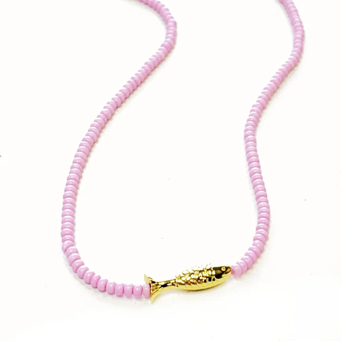 Lucky Fish Beaded Necklace/Lilac 16"