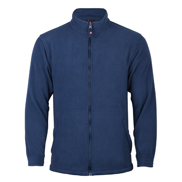 Blue full zip fleece jacket on a white background