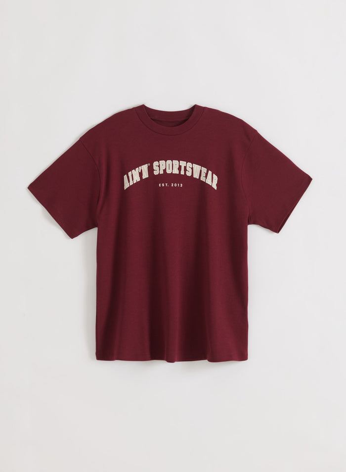 Merlot Varsity Boyfriend T-shirt featuring a varsity-style aim'n logo on the front, shown in a flatlay.