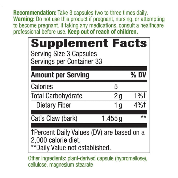 Nature's Way Cat?s Claw Bark, Traditional Health Tonic*, 1,455mg per serving, 100 Capsules - The Oasis of Health