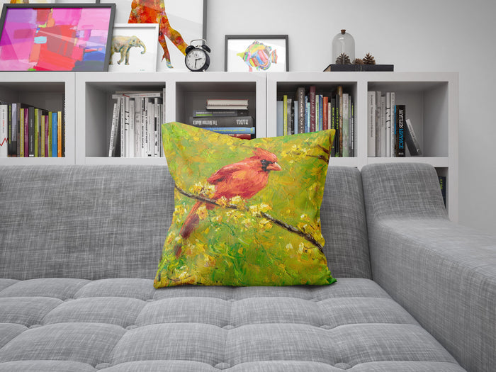 Pillow Cover, Northern Cardinal Male Red Bird Pillow, Comfortable, Bright Yellow Pillow, Fun Throw Pillows, Square, Home Decor Pillow