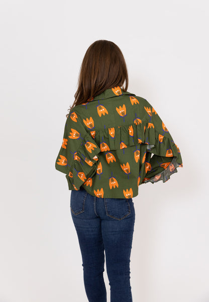Poplin Poppy Ruffle Back Button Up-Olive