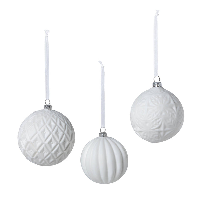 Quilted Pattern Matte White Glass Ball Ornament