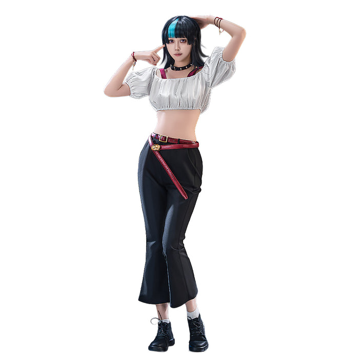【Size S-2XL】Dokidoki-R Anime Cosplay Costume White Off-Shoulder Crop Top Black Jeans