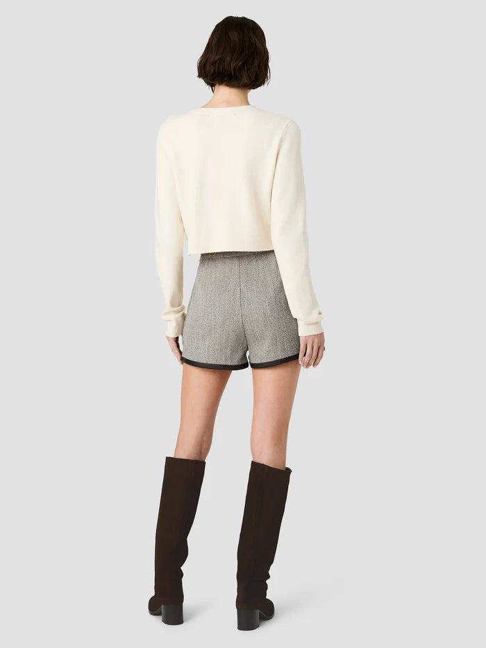 Speckled Herringbone Suiting Faux Leather Trimmed Shorts