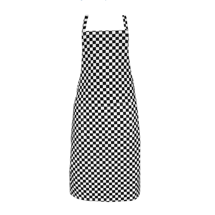 Black and white chessboard print apron on a white background