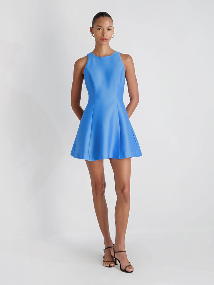 Structured Taffeta Flare Mini Dress - Poolside Blue