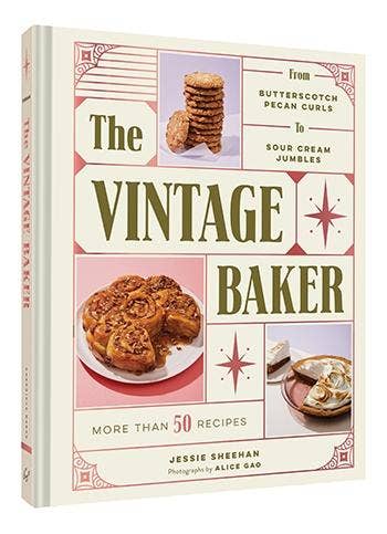 The cover of 'The Vintage Baker' features a vintage-style design with illustrations of baked goods and a title that promotes more than 50 recipes.