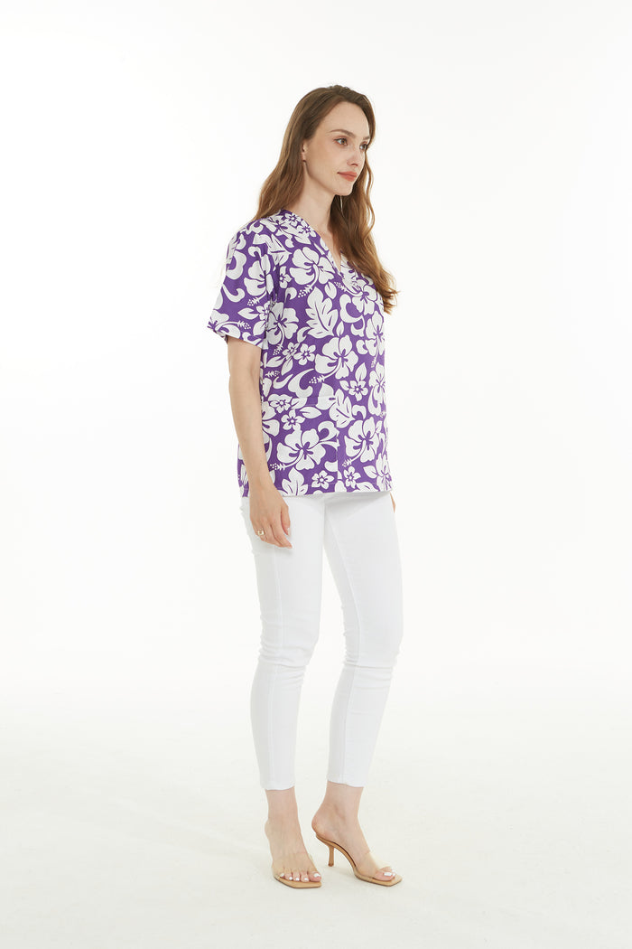 Women's Hawaiian 2 Pockets Scrub in Vintage Hibiscus Purple