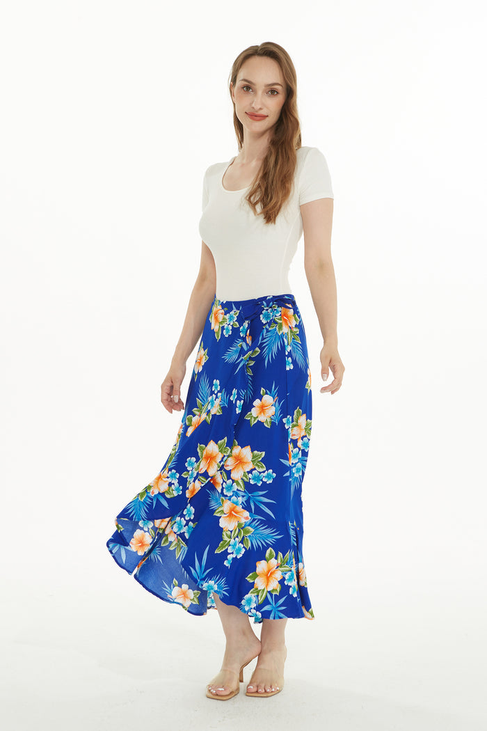 Women's Hawaiian Luau Wrap Ruffle Skirt in Hibiscus Blue