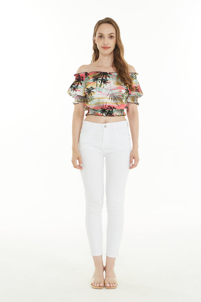 Women's Off-Shoulder Smocked Top in Neon Sunset Patel