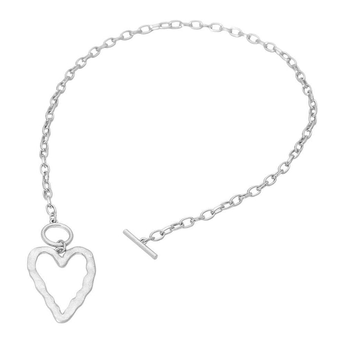 Worn Silver Hammered Metal Toggle Heart Pendant Necklace