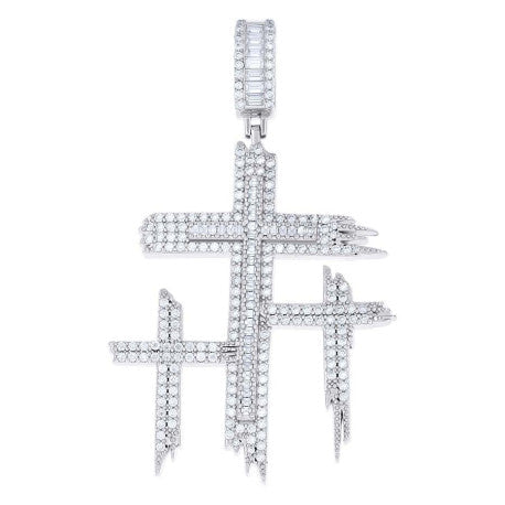 925 Sterling Silver Men's Round Baguette Moissanite Triple Cross Pendant