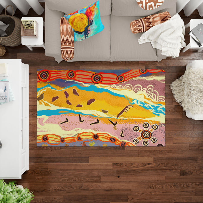 Area Rug, Durable Rug, Rectangle Rugs, Yellow And Gray Rug, Austrialian Aboriginal Rug, Modern Rug, Kids Rug, Made In Usa, Flat Woven Rug