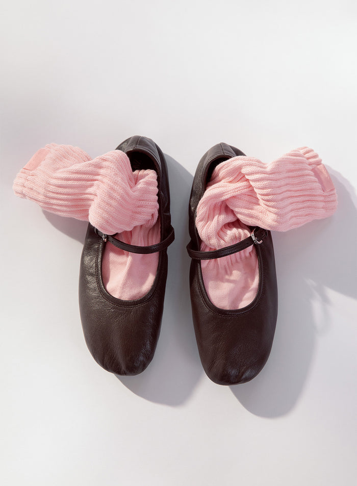 Pink Slouch Socks from aim'n tucked into dark brown ballerina flats