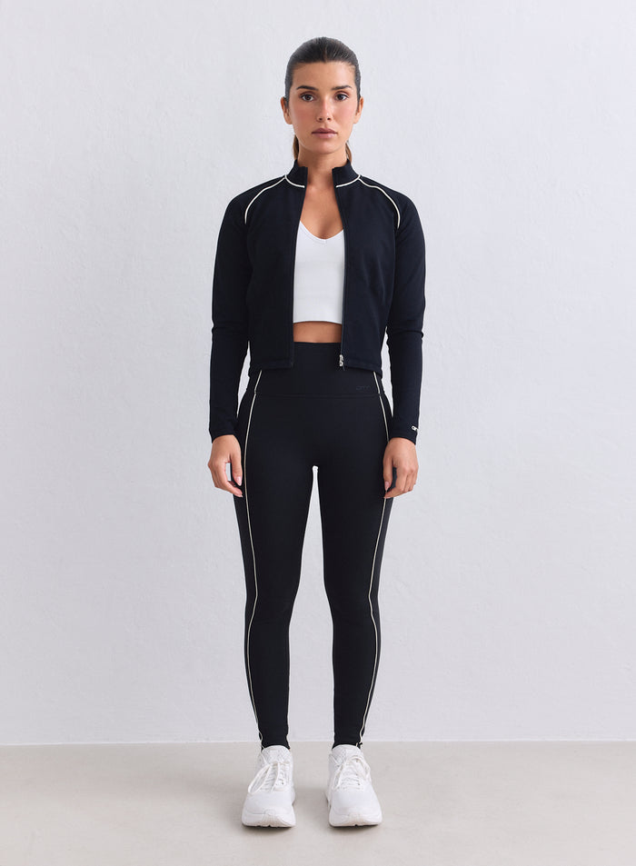Black Sense Contrast Tights with white piping and high waist by aim'n for a second skin feel [XS-165cm]