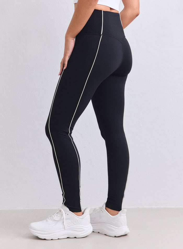 Black high-waisted Sense Contrast Tights by aim'n featuring white side piping and a second skin feel. [XS-165cm]