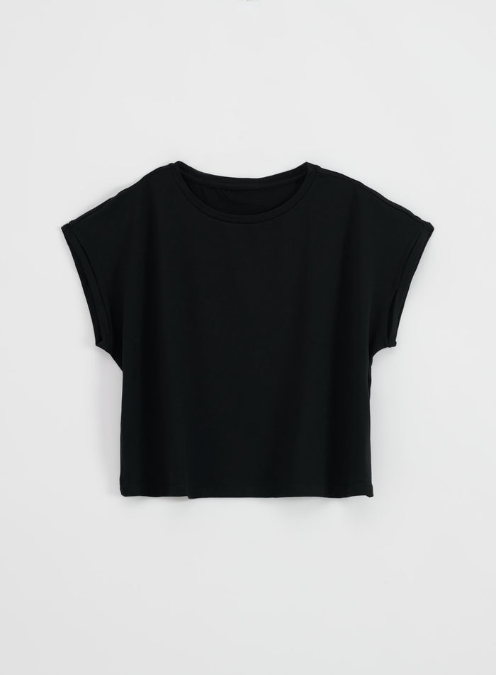 Black Soft Basic Roll Sleeve Top