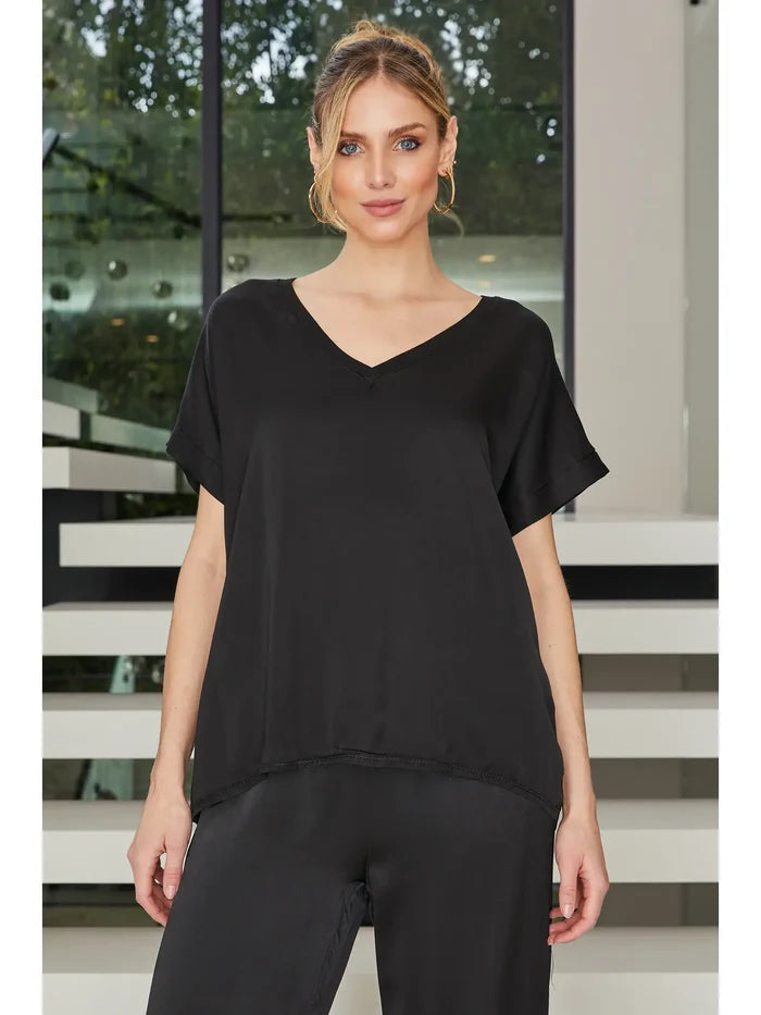 Black Viscose V Neck Top