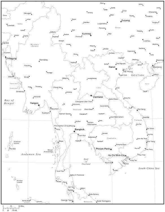 Black & White Indochina Map with Countries, Capitals and Major Cities - INDOCH-533911