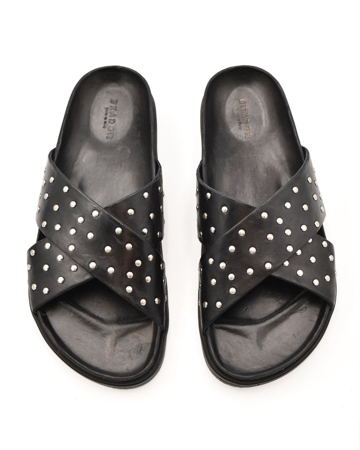 Brador Narau Cross Strap Sandal in Studded Washed Black