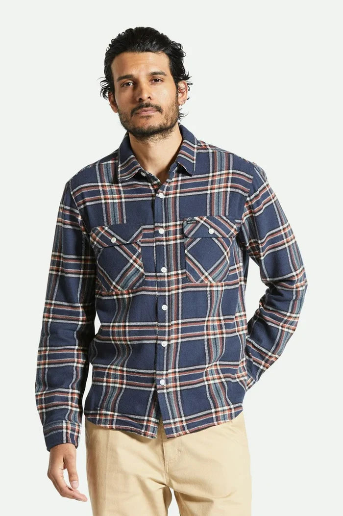 BRIXTON - BOWERY L/S FLANNEL WASHED NAVY/OFF WHITE/TERRACOT