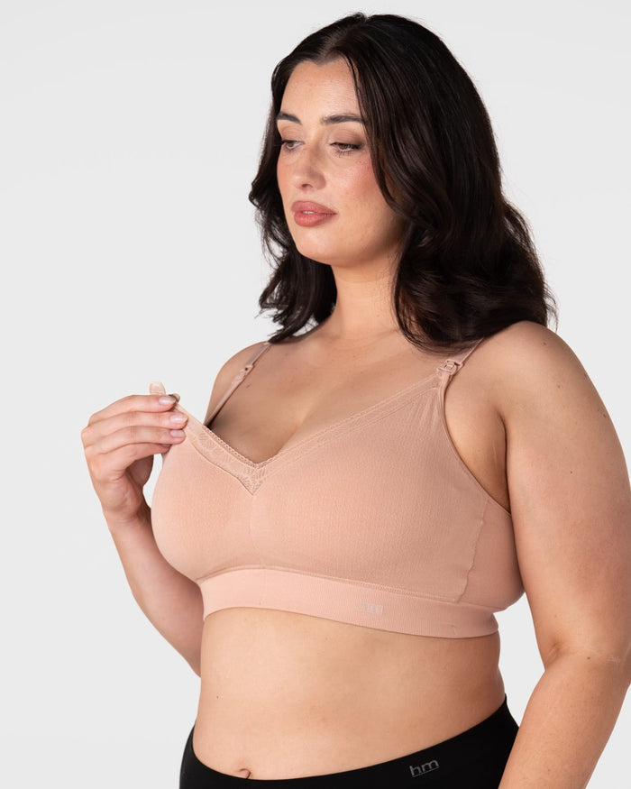 Hotmilk Caress FlexFit Nursing Bra in Cashmere Busty – close-up of traditional one-handed nursing clip and side-sling for easy breastfeeding access and skin-to-skin contact