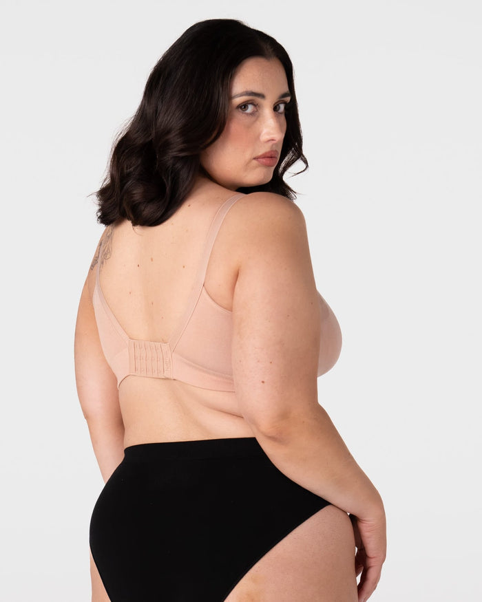 Hotmilk Caress FlexFit Nursing Bra in Cashmere Busty – back view showing 6-hook closure and smoothing side wings, medium support wirefree nursing bra for larger busts