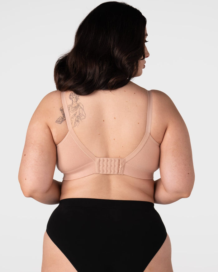 Hotmilk Caress FlexFit Nursing Bra in Cashmere Busty – back view showing 6-hook closure and smoothing side wings, medium support wirefree nursing bra for larger busts