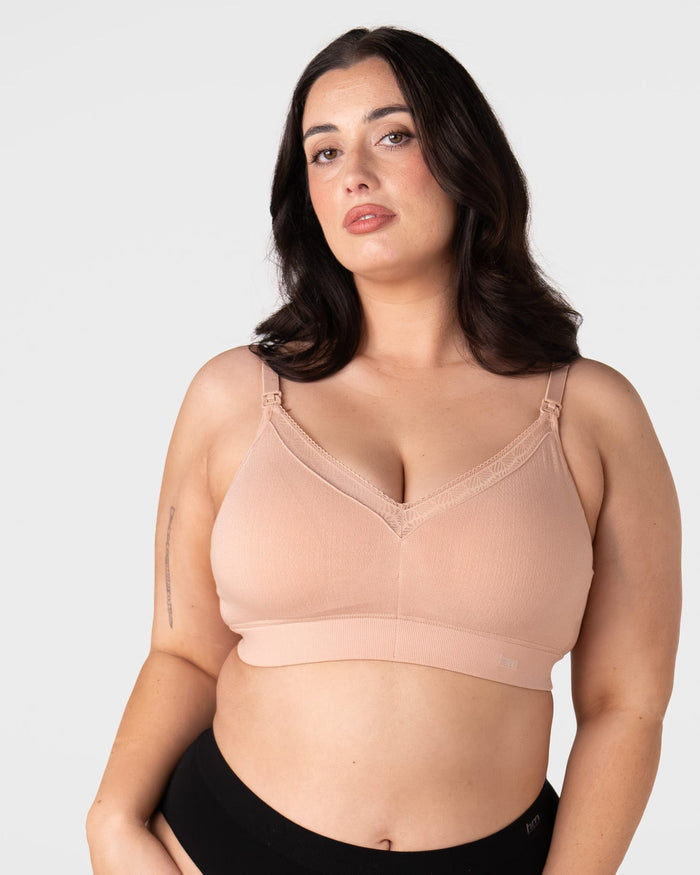 Hotmilk Caress FlexFit Nursing Bra in Cashmere Busty – lifestyle shot, soft bamboo nursing bra designed for fuller cup sizes DDD to I during pregnancy and breastfeeding