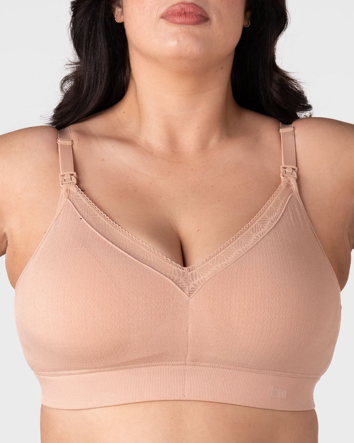 Hotmilk Caress FlexFit Nursing Bra in Cashmere Busty – detail of eco-friendly bamboo fabric with adjustable straps and removable padded cups, wirefree everyday comfort for fuller busts