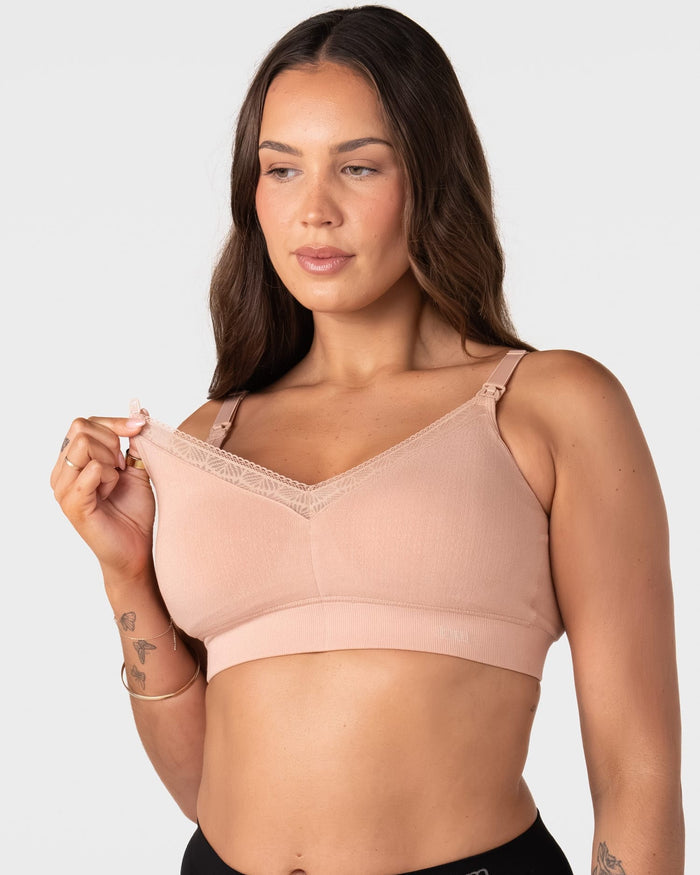 Hotmilk Caress FlexFit Nursing Bra in Cashmere – close-up of traditional one-handed nursing clip and side-sling for easy breastfeeding access and skin-to-skin contact
