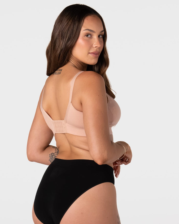 Hotmilk Caress FlexFit Nursing Bra in Cashmere – back view showing 6-hook closure and smoothing side wings, wirefree nursing bra in eco bamboo fabric
