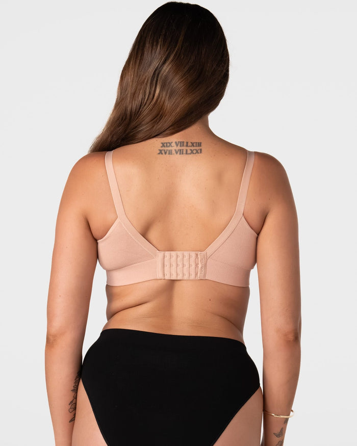 Hotmilk Caress FlexFit Nursing Bra in Cashmere – back view showing 6-hook closure and smoothing side wings, wirefree nursing bra in eco bamboo fabric