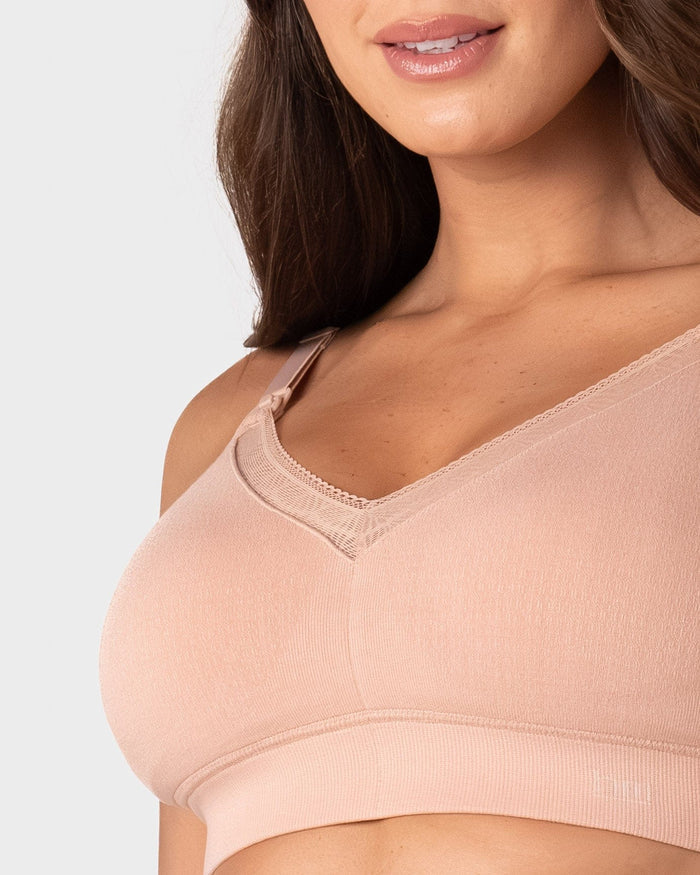 Hotmilk Caress FlexFit Nursing Bra in Cashmere – detail of soft eco-friendly bamboo fabric with adjustable straps, gentle wirefree support for everyday wear