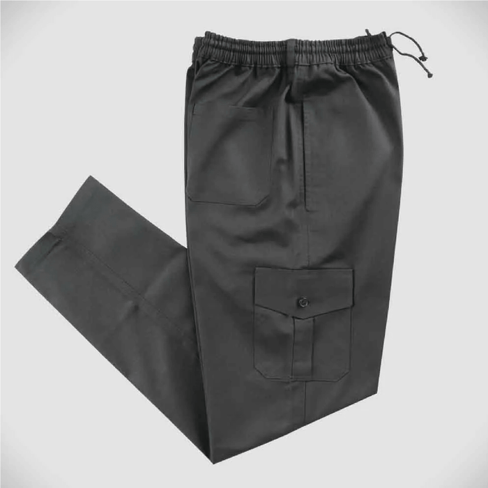 Black cargo work trouser side pocket look on a white background