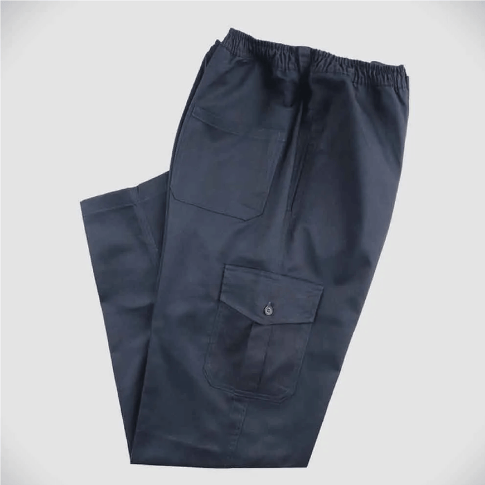 Dark blue pants with two front pockets on a light gray background