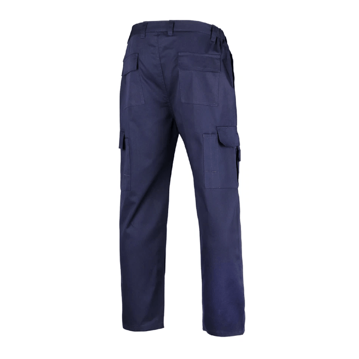 Blue cargo work trouser back side on a white background