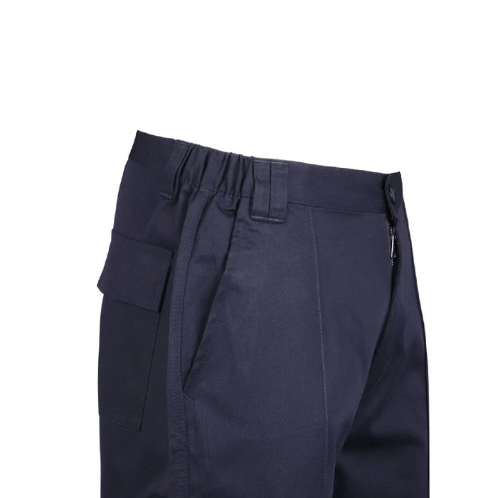 Navy blue pants with a front and back pocket on a white background