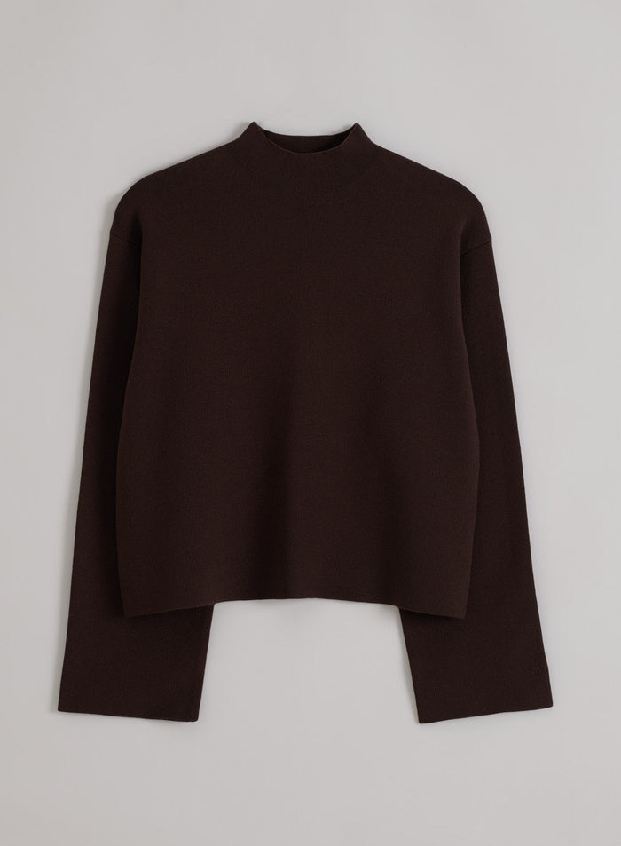 Chocolate brown aim'n Perfect Knit Long Sleeve with wide sleeves and a grown-on collar in a clean flatlay.