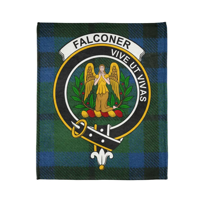Falconer tartan throw blanket close-up — clan crest and motto Vive Ut Vivas in full colour