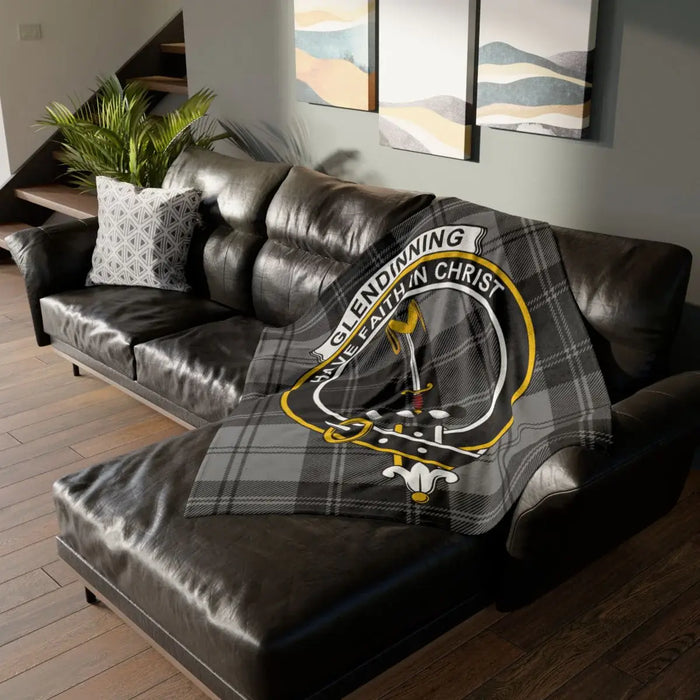 Clan Glendinning crest tartan printed throw blanket — 50x60 inch polyester with clan crest on front
