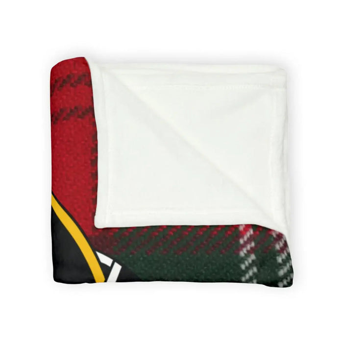 Clan Lennox tartan throw — red and green colourway showing I'll Defend crest, white reverse